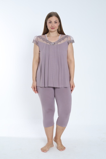 Cotpark Women's Plus Size Viscose Elastane Fabric Short Sleeve Capri Suit 14545-B