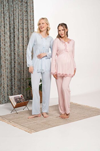 Lohussa Women's Powder Special Design Lace Long Sleeve Cotton Maternity Pajama Set