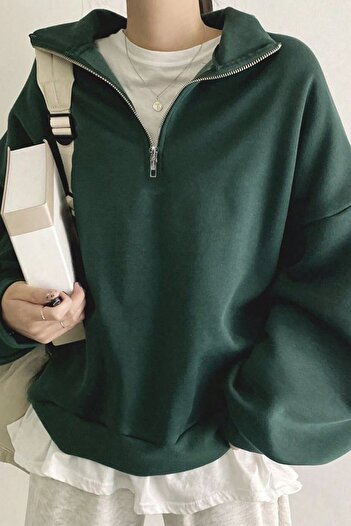 GHASSY CO. Ghassy Co. Women's Cotton Oversize Silver Half Zip Sweatshirt