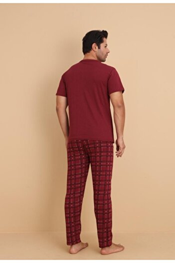 STELLAPİNK ERKEK KISA KOLLU EKOSELİ PİJAMA TAKIMI - BORDO
