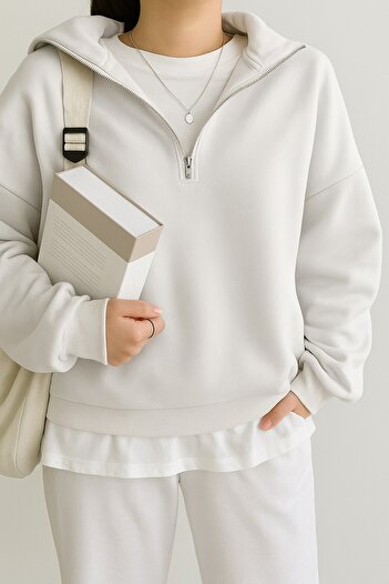 GHASSY CO. Ghassy Co. Women's Cotton Oversize Silver Half Zip Sweatshirt