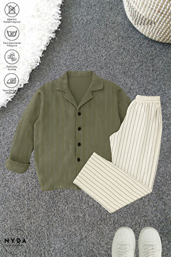 Nyda Collections Men's Crepe Fabric Striped Lycra Oversize Long Sleeve Shirt with Pockets Elastic Waist Lace-Up Trousers Set