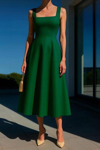 misigo Women's Square Neck Thick Strap Design Midi Length Dress Emerald 583208