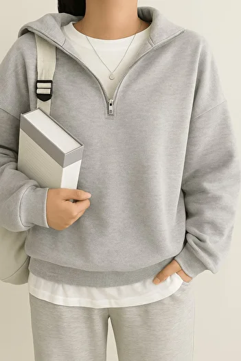 GHASSY CO. Ghassy Co. Women's Cotton Oversize Silver Half Zip Sweatshirt