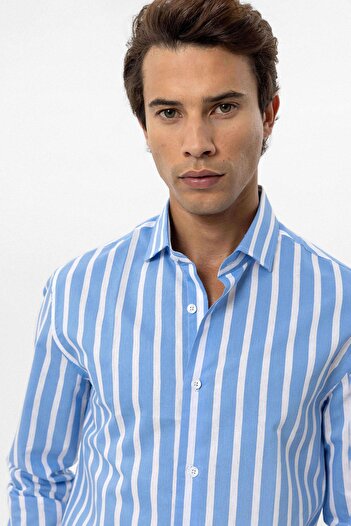 Antioch Mavi Slim Fit Çizgili Erkek Gömlek
