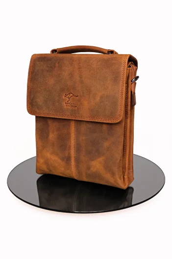 KANGAROO KINGDOM Men's Handbag Genuine Leather Strap Postman Light Tan Cowhide Crazy Horse 2344-Zat