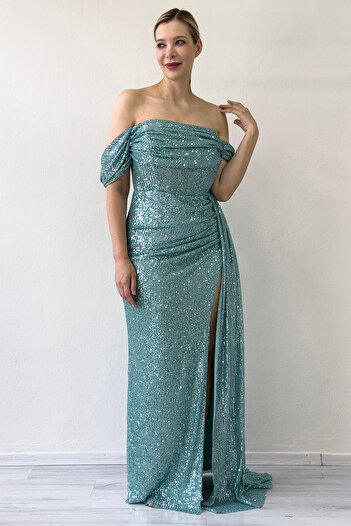 zks grup tekstil Women's Off Shoulder Sequin Sequin Slit Evening Dress Water Green, Powder, Black, Red, Navy Blue, Beige