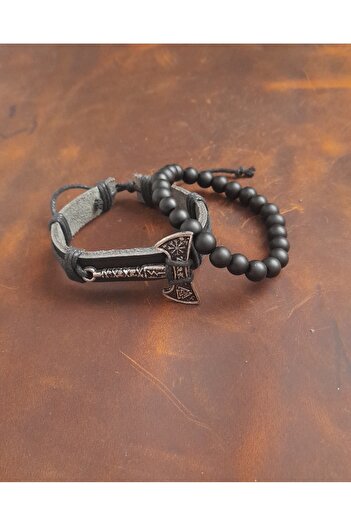 BSN Store 2-Piece Bracelet Sailor Valknut Ax Figure Genuine Leather Bracelet and Onyx Stone Bracelet
