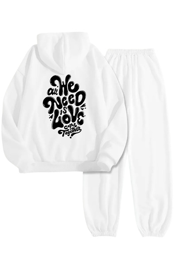 Sweetline Λευκό Σετ Φόρμας – Need Love Printed, Φούτερ με κουκούλα και παντελόνι Jogger