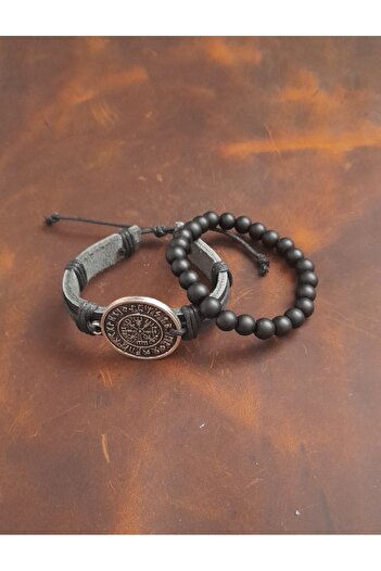 BSN Store 2-Piece Bracelet Vegvisir Compass Figure Genuine Leather Bracelet and Onyx Stone Bracelet