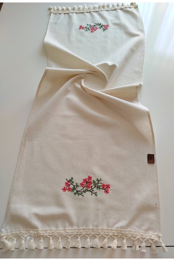 denizli hatırası Embroidered Authentic Organic Fringed Soft Linen Runner 47X120 cm