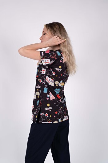 ACAR İŞ TEX Lycra Women's Patterned Nurse and Doctor Uniform Single Top Scrubs Hospital Uniform