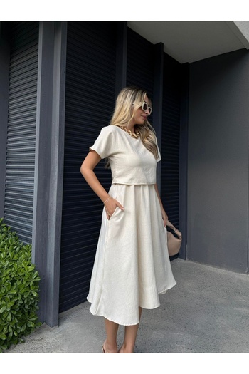 Afiş Butik Stone Color Blouse Skirt Look Linen Dress with Pockets
