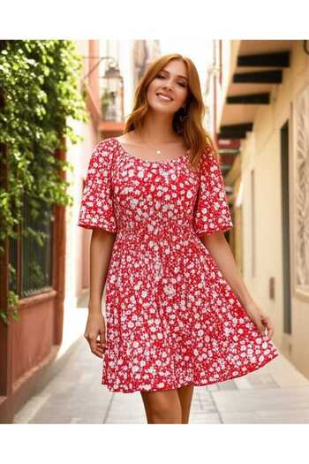 Modabenna Balloon Sleeve Midi Dress Princess Square Neck Off Shoulder Daisy Floral Patterned Gipeli