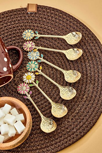 EMBazaar Set of 6 Spice, Teaspoon Set Spice Spoons with Flower Pattern. Gold and Silver Colored Spoon Set