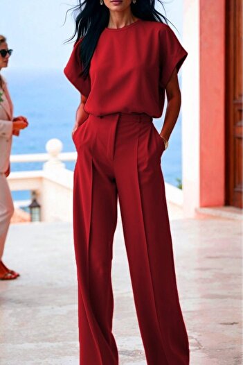 Modayakamoz Women's Short Sleeve Crew Neck Blouse High Waist Pocket Detailed Trousers Atlas Double Suit