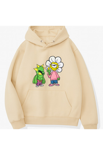 CLASSY.MODA Φούτερ με κουκούλα Oversize 3 νήματα με στάμπα κάκτου και λουλουδιών