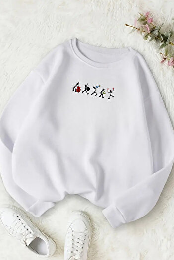 CLAYES Unisex White Bando Printed Crew Neck Sweatshirt - Winter Embossed Fabric
