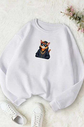 Sweetline Unisex White Cool Cat Printed Crew Neck Sweatshirt - Winter Embossed Fabric