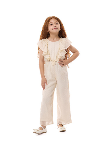 R&B Woven Jumpsuit with Crew Neck and Flutter Sleeves