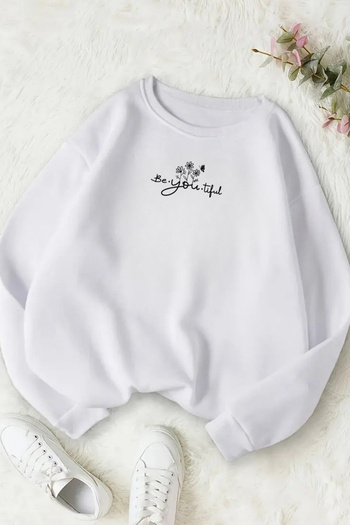 Sweetline Unisex White Be-You-Ti̇ful Printed Crew Neck Sweatshirt - Winter Raised Fabric