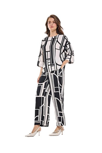 R&B Patterned Straight Fit Pants with Drawstring Waist