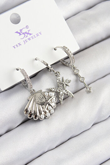 STİLLOVE Brass Zircon Stone 3-Piece Star and Oyster Model Silver Color Women's Earrings
