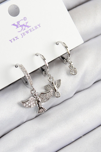STİLLOVE Brass Zircon Stone 3-Piece Bird Model Silver Color Women's Earrings