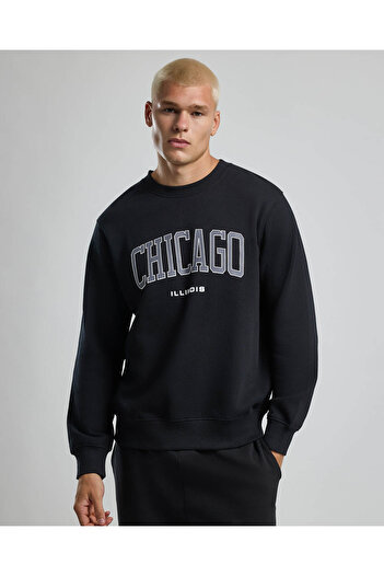 R&B Typography Print Sweatshirt with Crew Neck and Long Sleeves