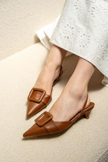 LAMİNTA Nicole Taba Leather Buckle Women's Heeled Shoes