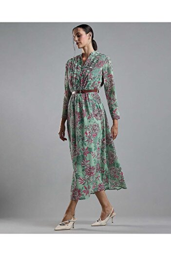R&B Floral Print Midi Dress with Stand Collar and Long Sleeves