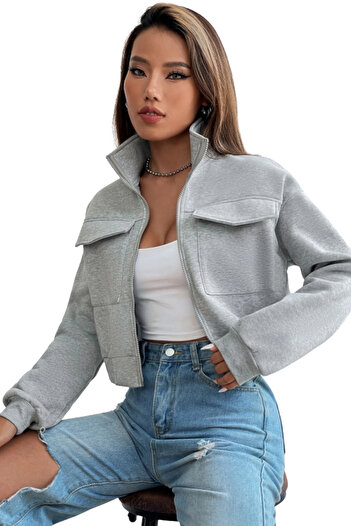 CLAYES Women's Stand Collar Pocket Gray Crop Jacket