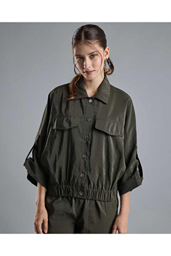 R&B Solid Jacket with Shirt Collar and 3/4 Sleeves