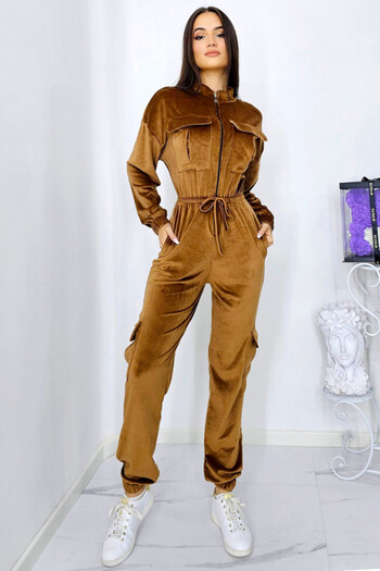 FashionForYou Ximena velvet jumpsuit, with drawstring waist and oversized pockets, Brown, L