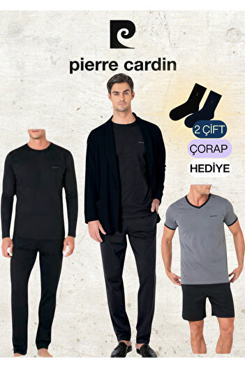 Pierre Cardin 5 Pieces 100% Cotton Robdöşambr & Long Sleeve - Short Sleeve Combed Cotton Pajama Set (2 Gift Socks)