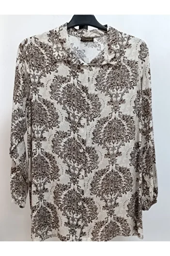 AKŞEN GİYİM Large Size 100% Cotton Viscose Ethnic Pattern Long Sleeve Shirt in 80 cm Length