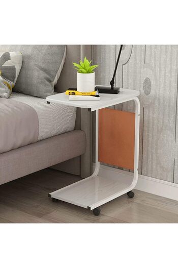 Türkiye Rolling Side Table C Shaped End Table, Heavy Duty Mobile Table with Side Pocket and Wheels Over Bed