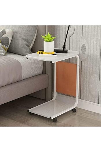 Türkiye Rolling Side Table C Shaped End Table, Heavy Duty Mobile Table with Side Pocket and Wheels Over Bed
