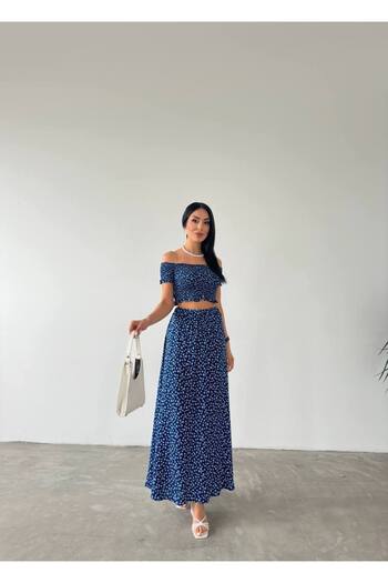 edz moda moda ve tarzın buluştuğu nokta Women's Blue Woven Double Blouse-Skirt Set Trend