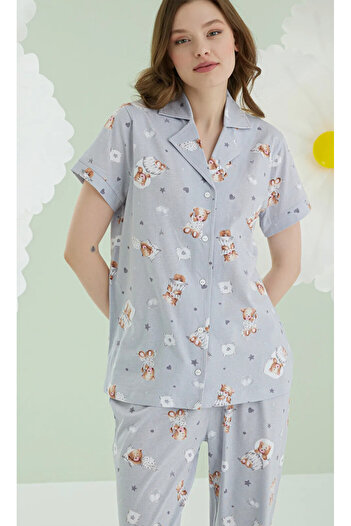 NBB Kadın, Ayı Temalı, % 100 Cotton, Gömlek Yaka, Kısa Kollu Pijama Takım