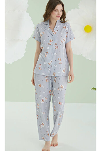 NBB Kadın, Ayı Temalı, % 100 Cotton, Gömlek Yaka, Kısa Kollu Pijama Takım