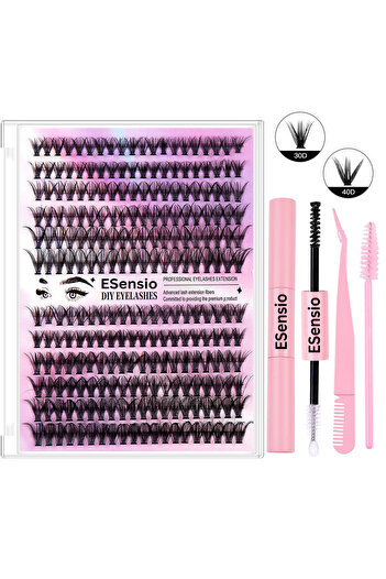 ESensio Set de gene false cu smocuri, 240 de gene, 30D 40D, D, pensetă perie fibra 0,07 mm, negru