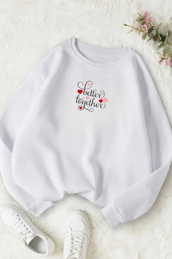 Sweetline Unisex White Together Printed Crew Neck Sweatshirt - Winter Embossed Fabric