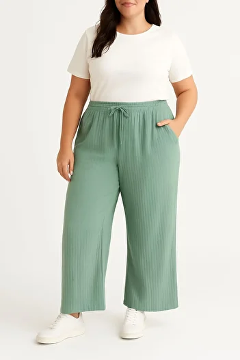 enmodaiçgiyim Plus Size Mint Green 100% Cotton Muslin Fabric Loose Leg Comfortable Fit Women's Trousers with Pockets