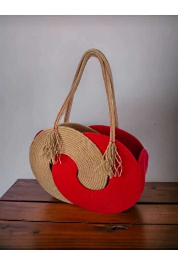 AFA COLLECTION Handmade Straw Spiral Shoulder Bag – Red & Natural Tone Organic Bag