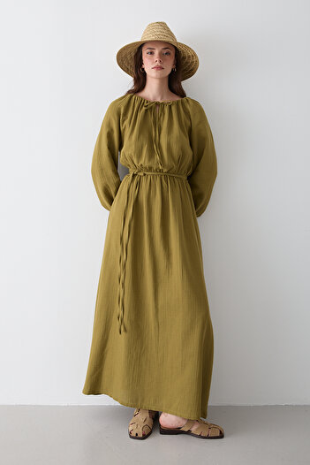 Laluvia Khaki Tie Detail Muslin Dress - 2004