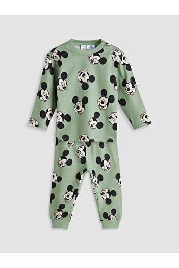 LC Waikiki Yeşil Bisiklet Yaka Mickey Mouse Baskılı Erkek Bebek Pijama Takımı