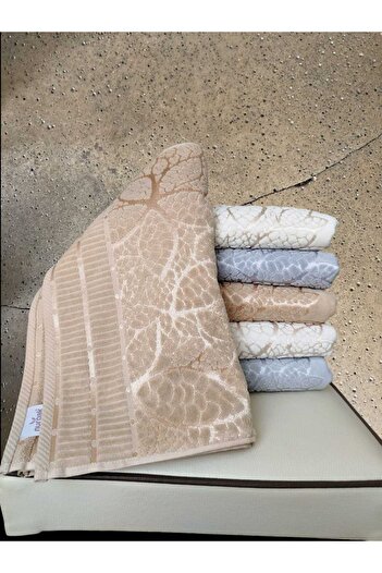 Nurpak Velvet Jacquard Leaf Patterned 6 Pieces 50X90 cm Hand Face Towels Gray-Brown-Beige