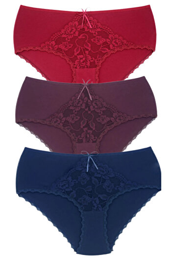 Bleu Petite 3-Piece Assortment Color Cotton Lace Detailed High Waist Large Size Women's Panties