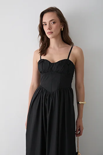 Laluvia Black Waist Detailed Poplin Dress - 2001